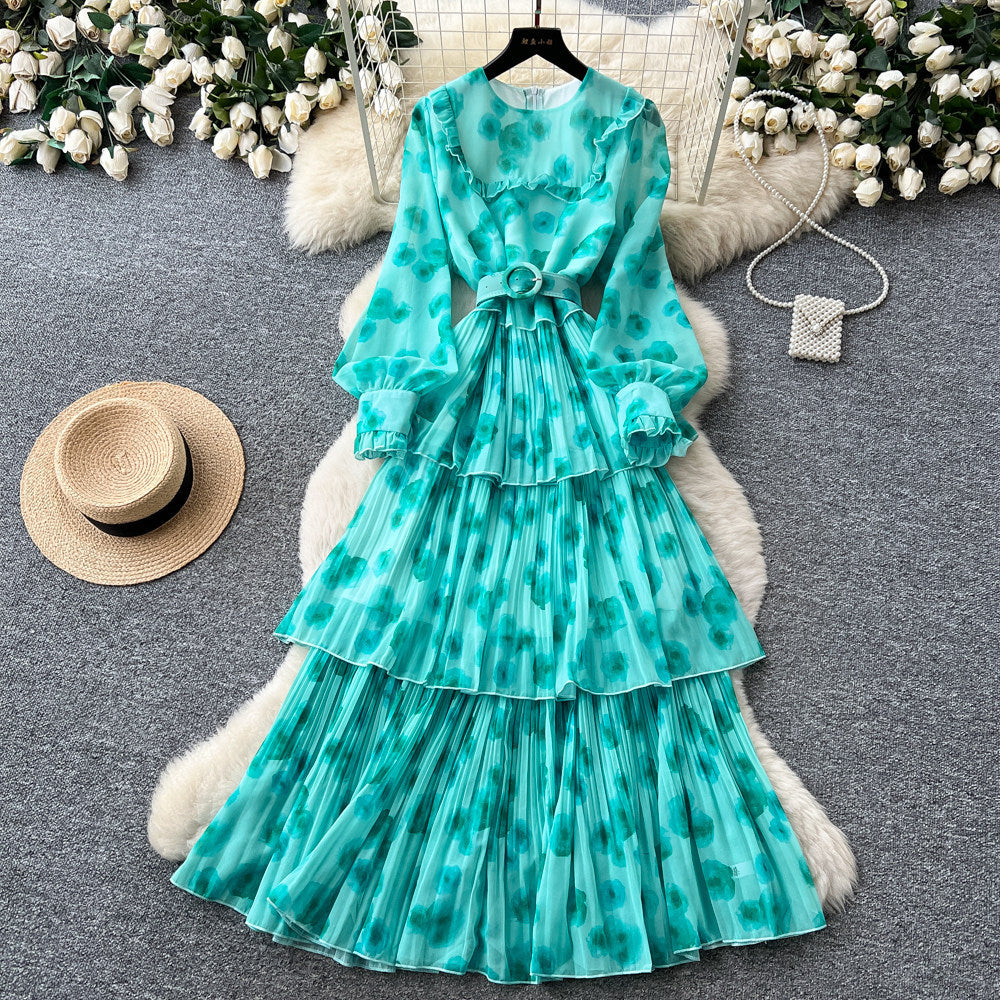 French romantic lantern sleeve printed dress - korean style, cinched waist, flowy maxi dress, high-end vacation vibe