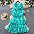 French romantic lantern sleeve printed dress - korean style, cinched waist, flowy maxi dress, high-end vacation vibe