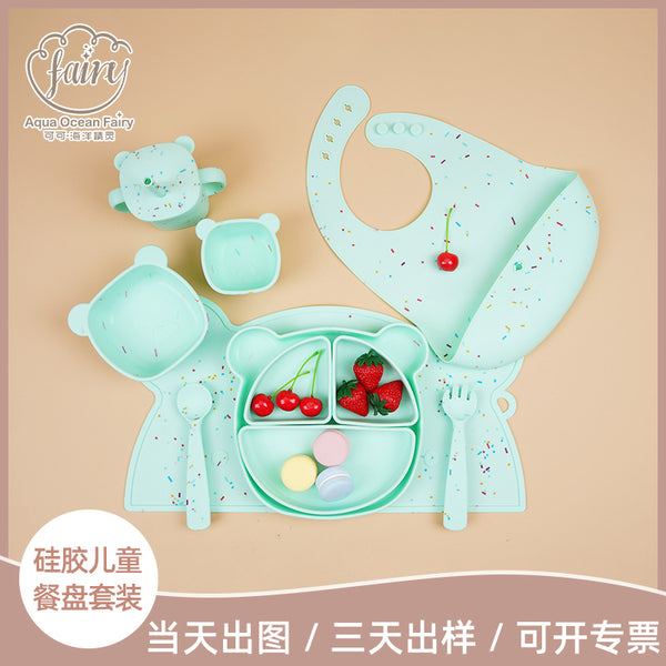 OEM logo color point children's tableware set, food-grade silicone bowl and spoon environmentally friendly tooth glue complementary food set