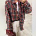 cross-border vintage style versatile turn-down collar loose fit shirt - spring/autumn plaid long sleeve pocket women's blouse