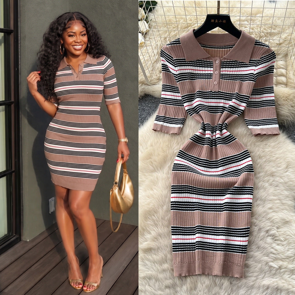 French polo collar striped knit dress - women's summer slim fit, minimalist, figure-flattering, cinched waist, sexy bodycon dress for work