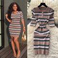 French polo collar striped knit dress - women's summer slim fit, minimalist, figure-flattering, cinched waist, sexy bodycon dress for work
