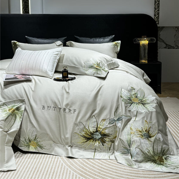 Simple modern flower embroidered bedding, high-grade pure cotton Australian cotton long-staple cotton four-piece home textile Alice