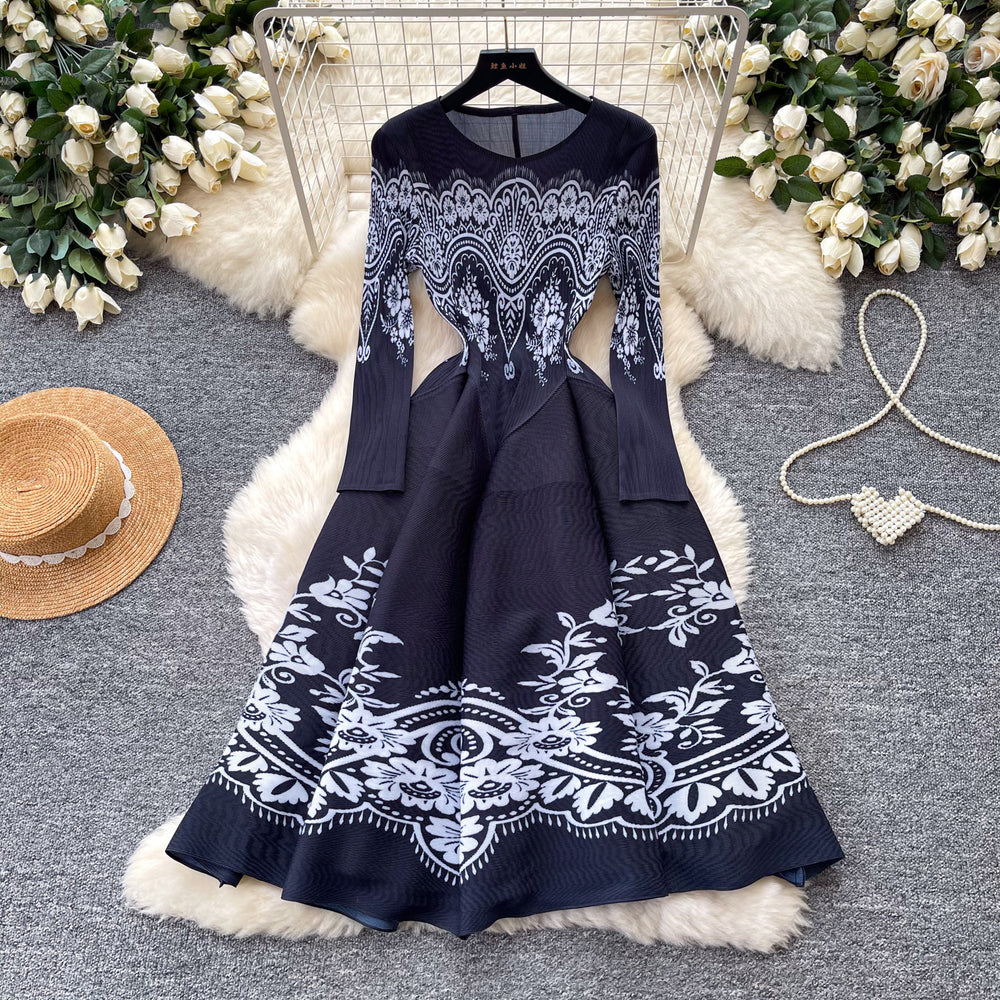 French romantic style printed stretch dress - women's summer long sleeve slim fit a-line dress - high-end commute dress