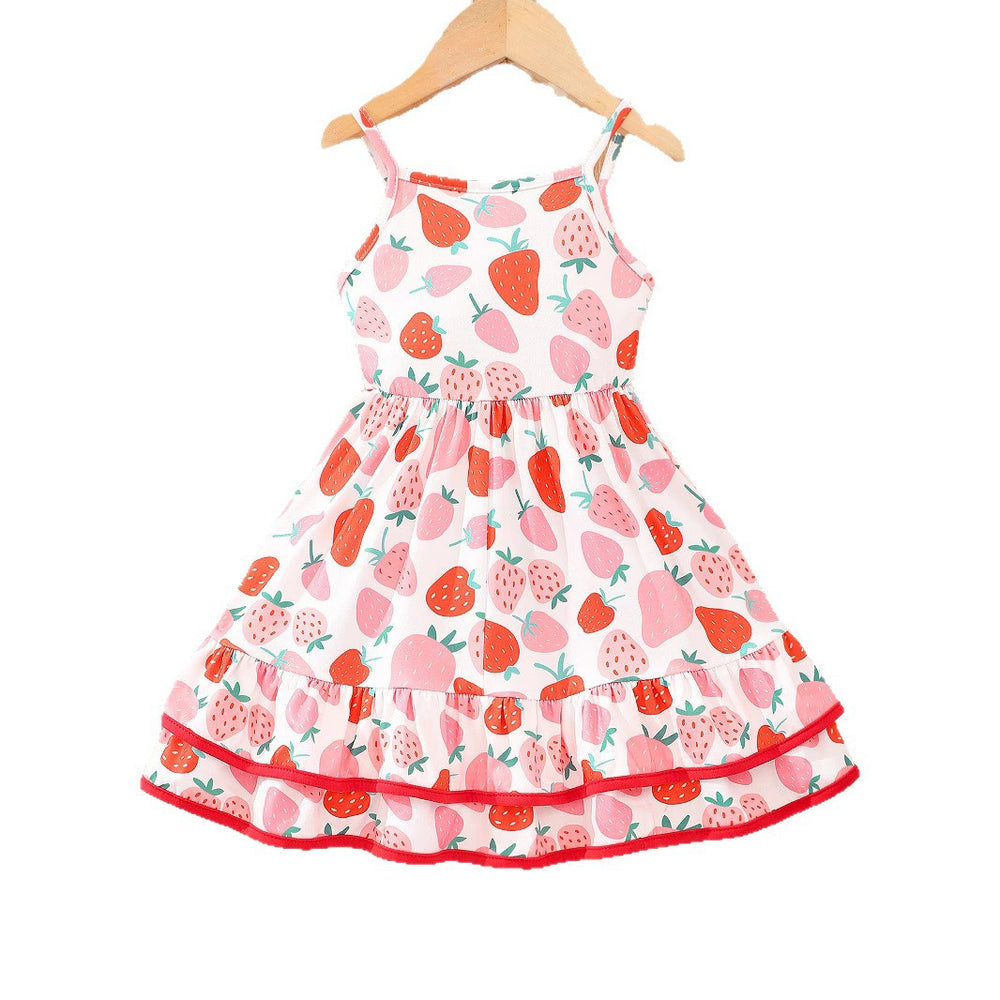 Kids' strawberry ice cream digital print cami dress with double-layered hem