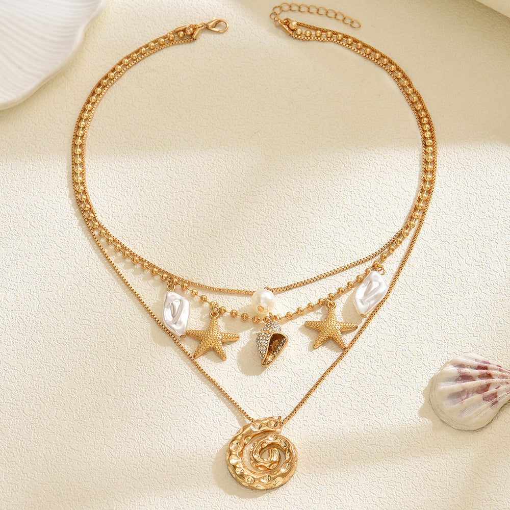Wholesale seashell necklaces - european & american style beach jewelry featuring starfish, irregular spiral pendants, and layered designs for a vacation vibe