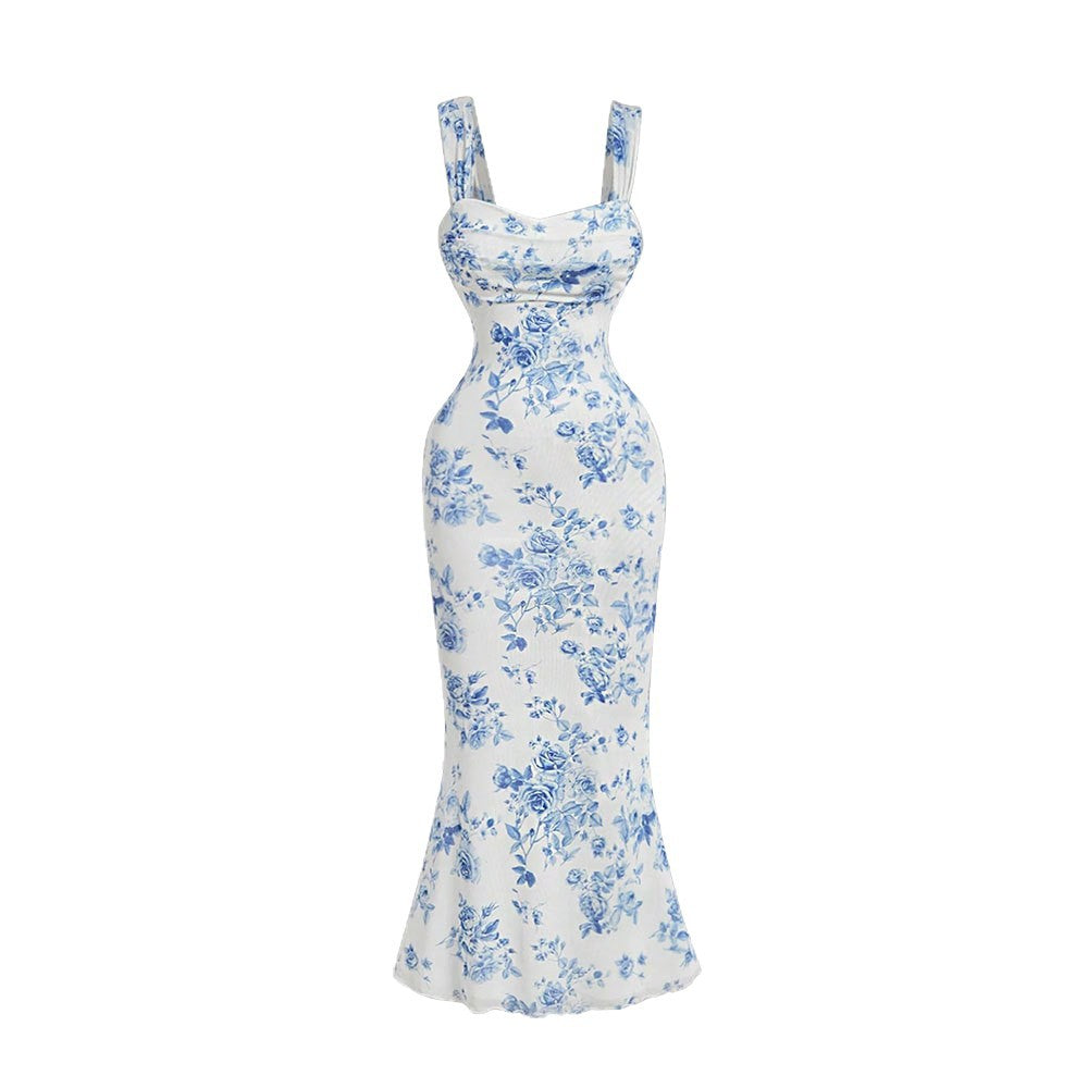 New arrival cross-border export summer women's clothing blue and white porcelain printing hip-covering sexydressbacklesstube top suspender mermaid dress