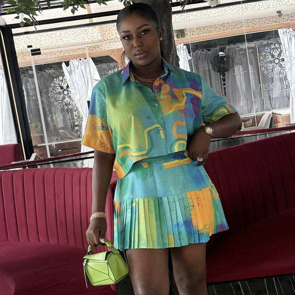 European and American  women's clothing 2025 autumn new fashionable fresh tie-dye printing short-sleeved shirt pleated skirt set