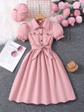 new girls' long-sleeve collared solid color dress with belt and hat