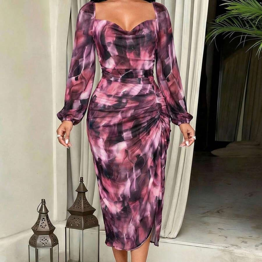 Women's tie-dye print slim-fit midi dress, autumn elegant beach vacation