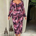 Women's tie-dye print slim-fit midi dress, autumn elegant beach vacation