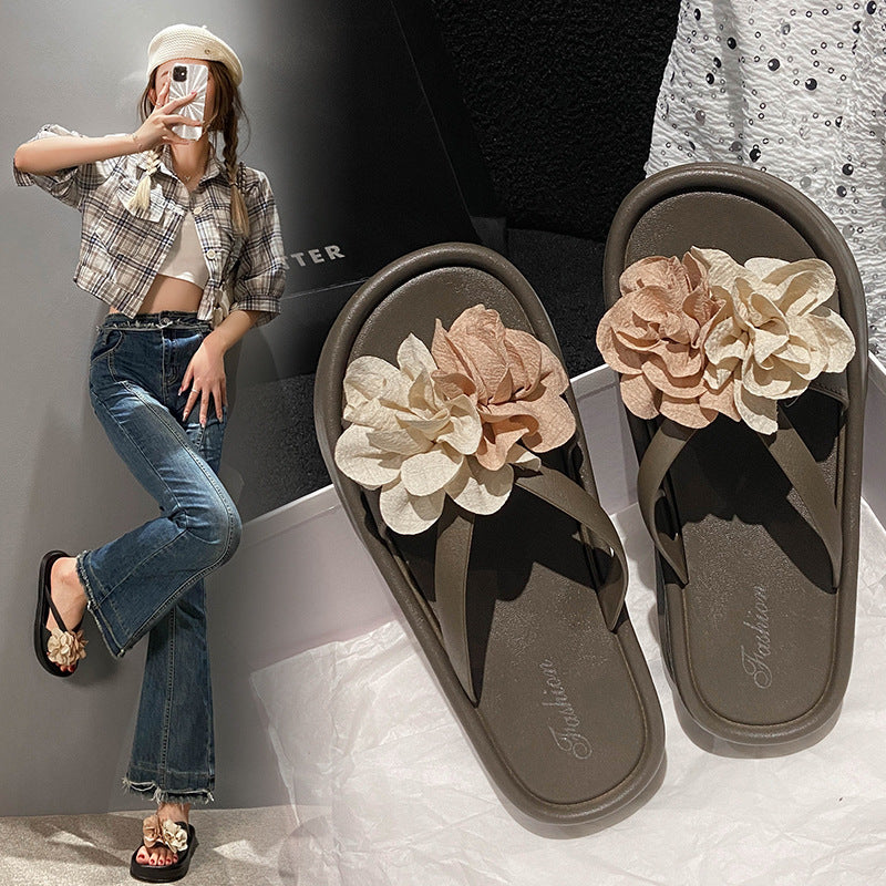 Two-tone floral platform slides - women's new summer collection: versatile, flat, non-slip, fashionable beach sandals for students