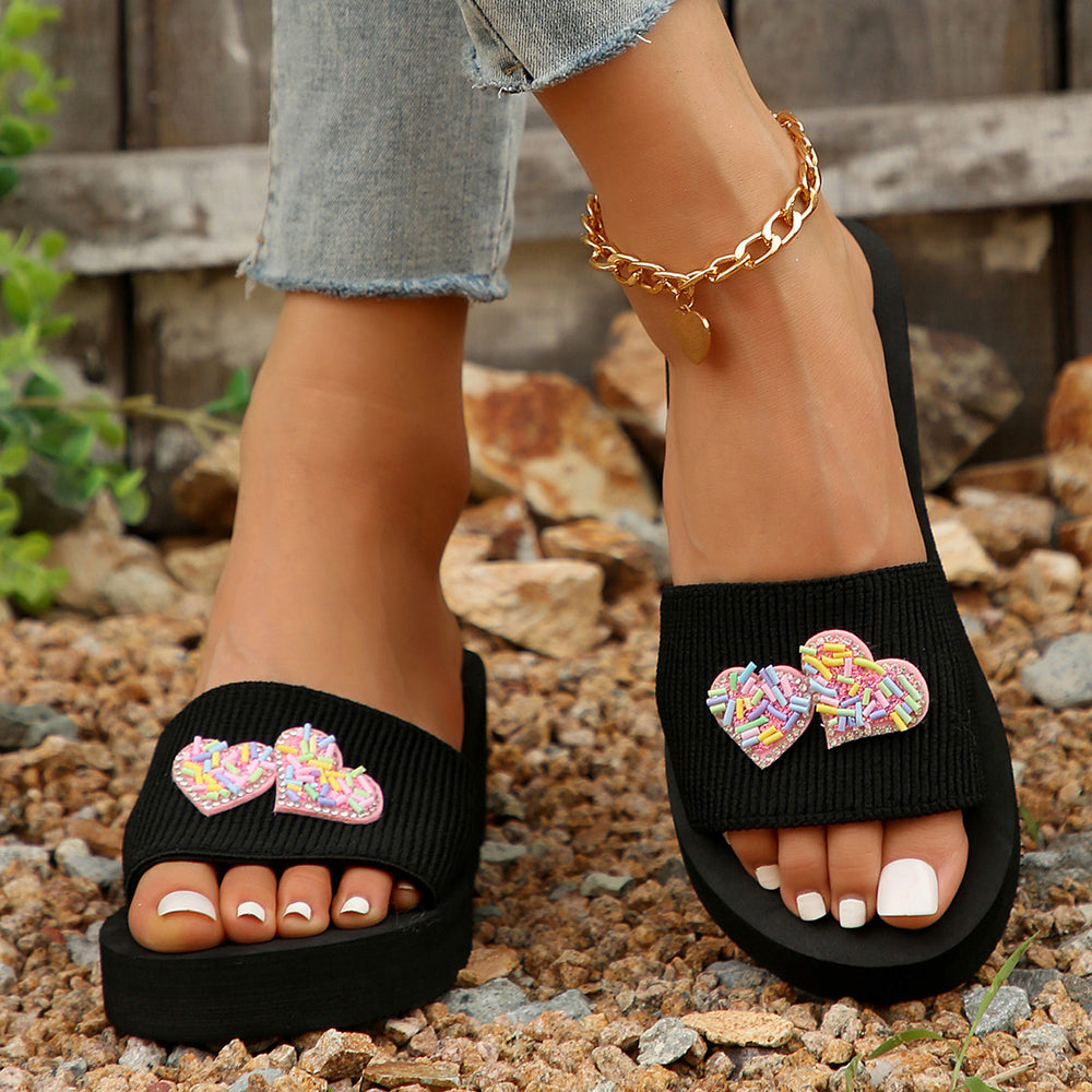 2024 summer women's butterfly & heart thick-soled fashionable versatile thong sandals - wearable outdoors, wedge heel beach slippers