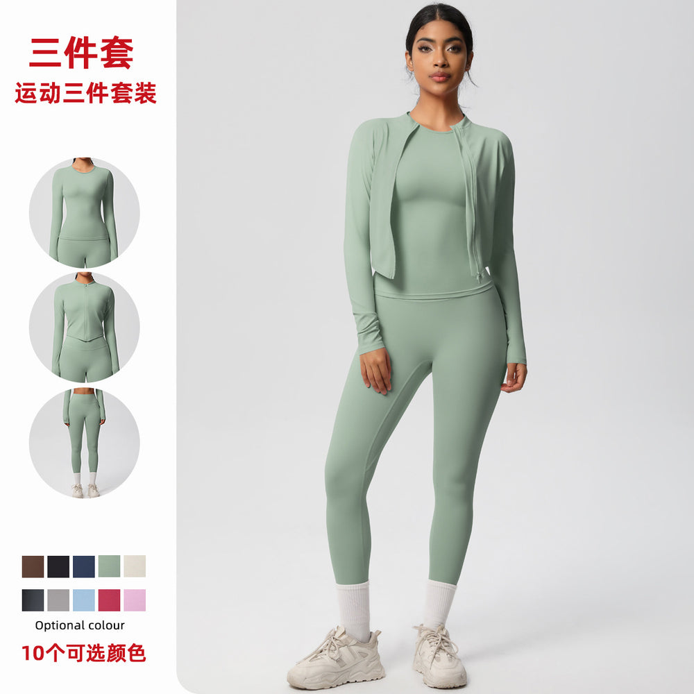 European and american nude feel solid color slim-fit top, jacket, and yoga outfit - quick-dry activewear three-piece set for outdoor leisure, running, and fitness