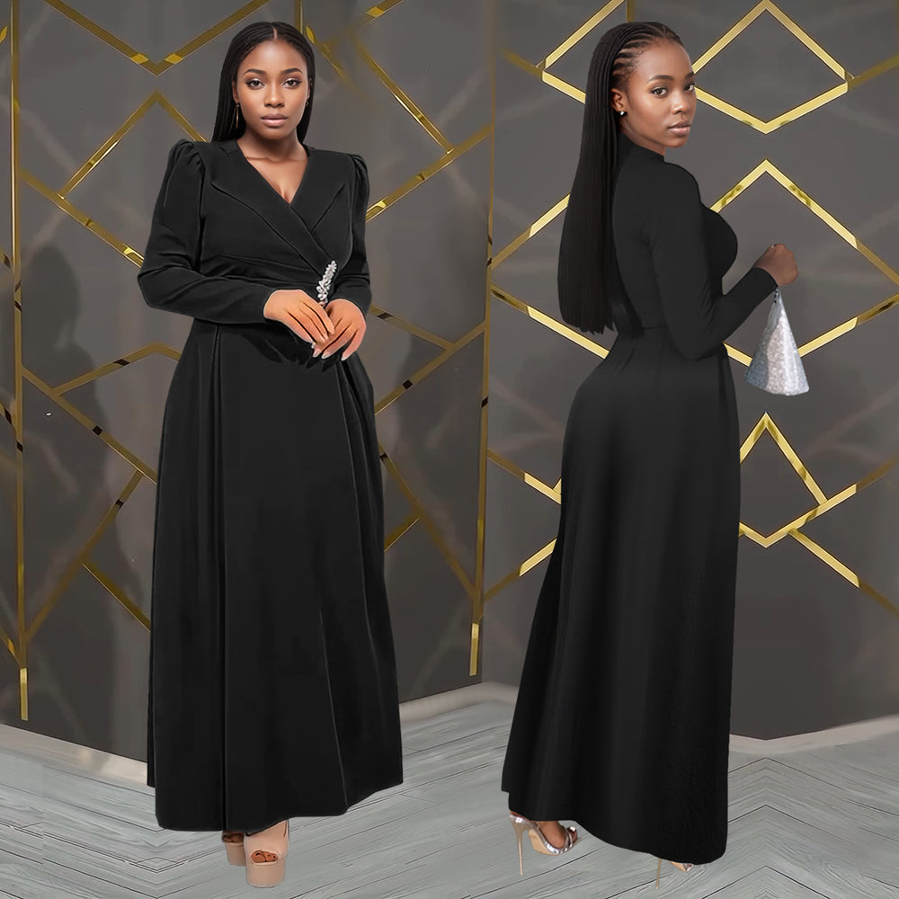 C7411 cross-border   fashion women's elegant waist-cinching criss-cross collar long-sleeve dress
