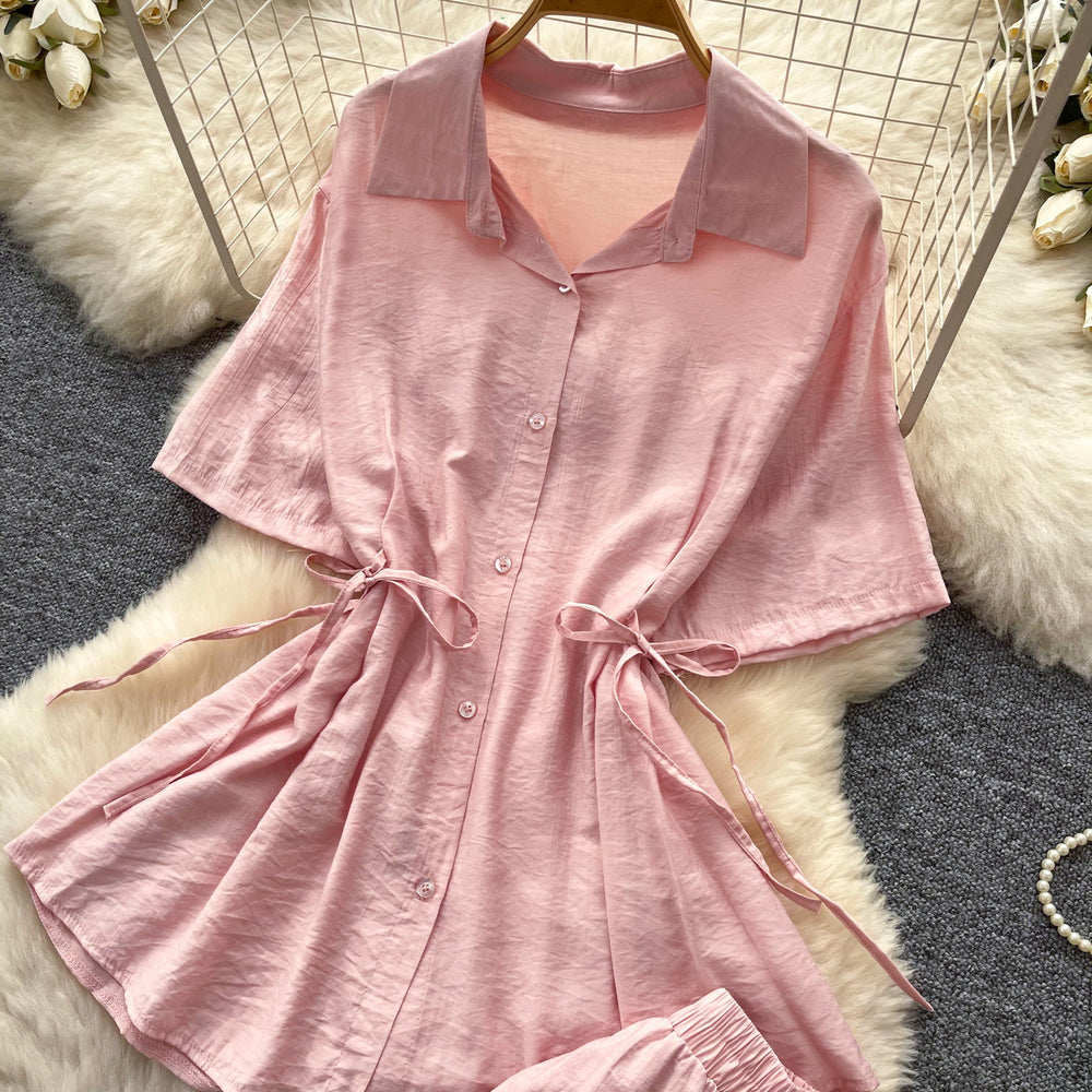 Lazy style pink shirt loose pantstwo-piece set women's summer light and breathable waist tie backfashionableelegantsuit