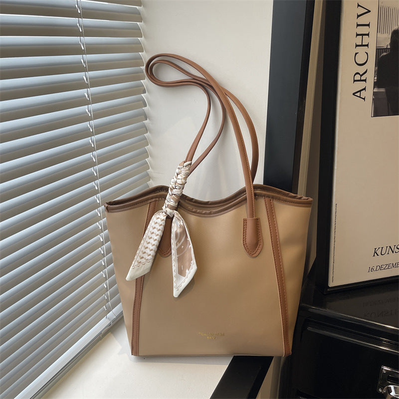 new arrival silk scarf satchel bag women's fashion large capacity contrast color tote bag 2026springnew arrival contrast color women's bag
