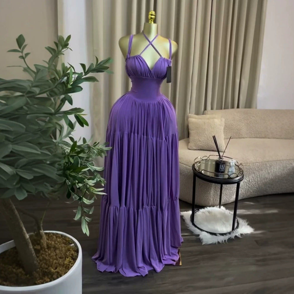European and american cross-border women's clothing:  summer new arrival - elegant and chic ruched high-waisted long dress with spaghetti straps