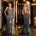 C7023 cross-border   independent station fashionfashion women's rhinestone v neck sleeveless dress long skirt