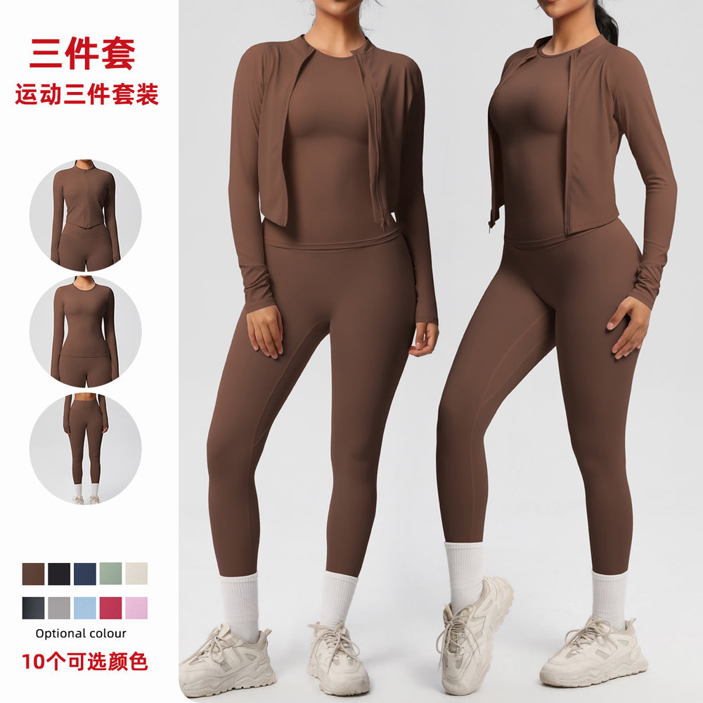 Ready-to-ship cross-border double-sided brushed microfiber seamless, breathable, and skin-friendly three-piece activewear set for women, perfect for running, fitness, and yoga