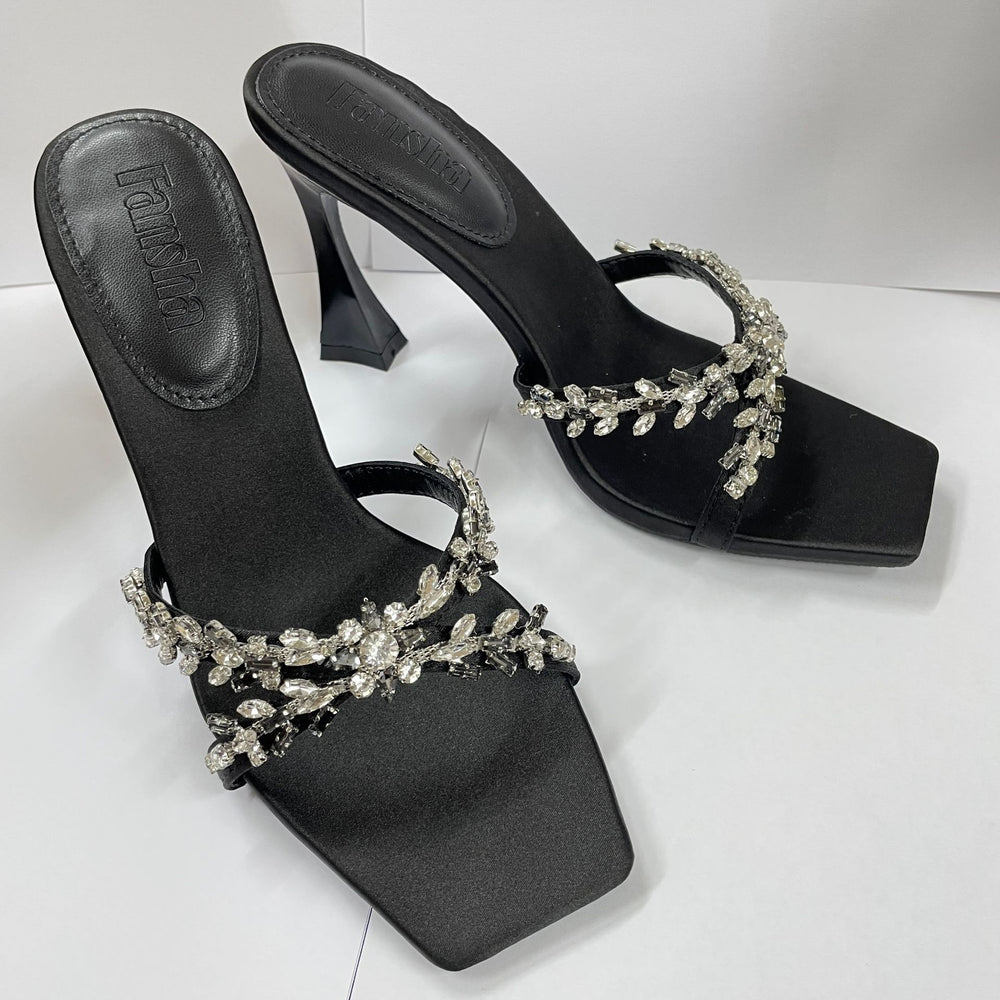 2026 summer european and american style silk satin stiletto heel crossover rhinestone square toe open toe sandals - women's high heel slippers - fashionable and sexy