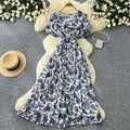 French retro v-neck short sleeve printed dress - women's summer european & american style korean slimming a-line maxi dress