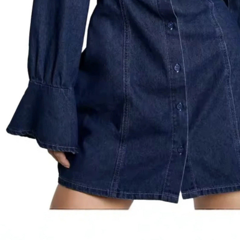 Amazon foreign trade cross-border fashion new women's solid color round neck long sleeve bodycon denim dress - elegant style