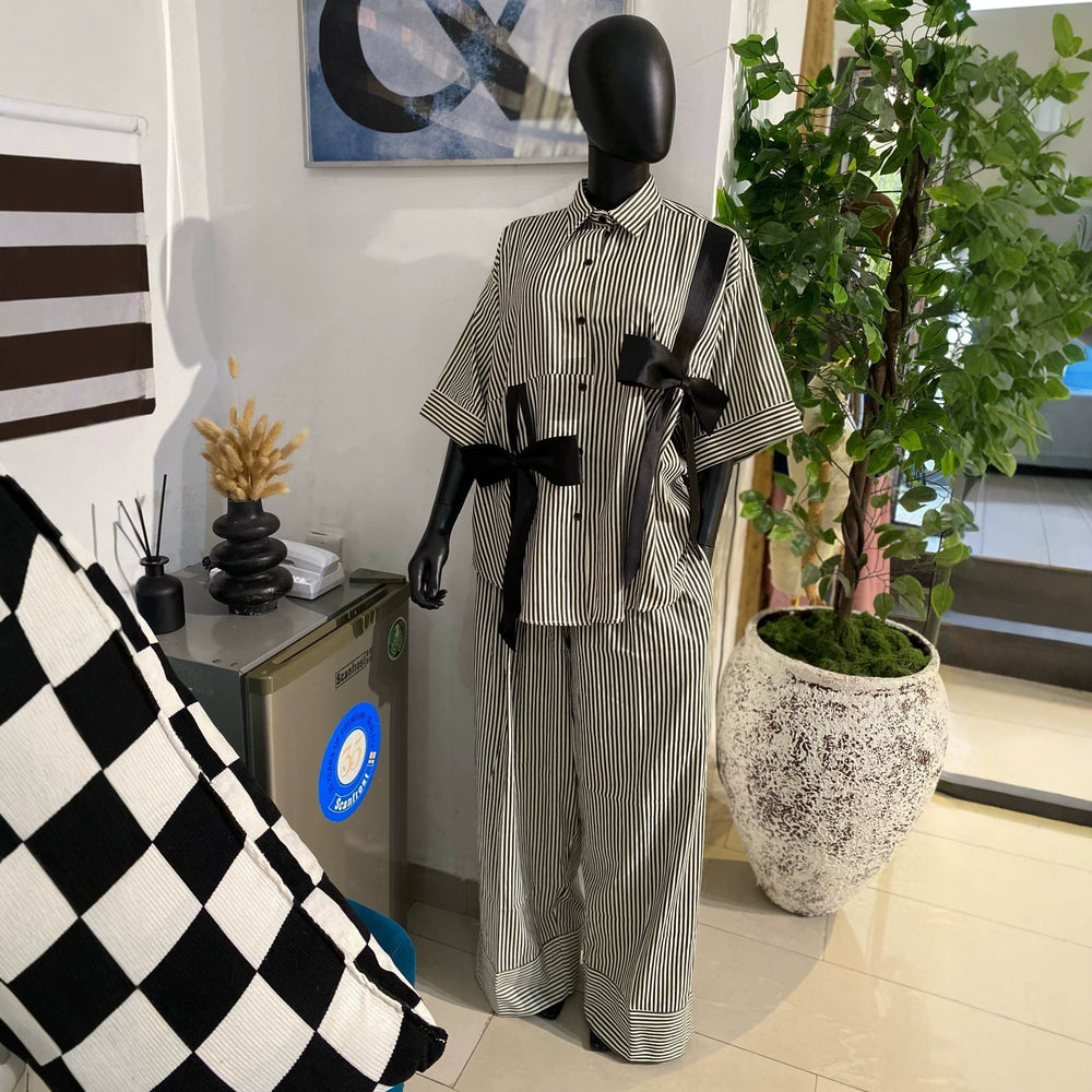 European and american cross-border women's fashion:  summer new collection - stylish patchwork bowknot striped short-sleeve shirt and wide-leg pants set