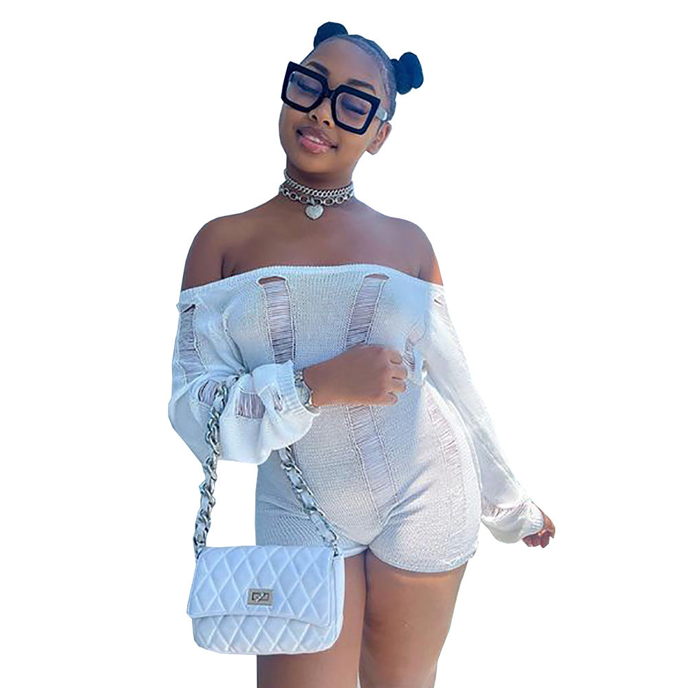 European and american cross-border women's fashion:  new streetwear sexy hot girl distressed off-the-shoulder slim-fit backless jumpsuit
