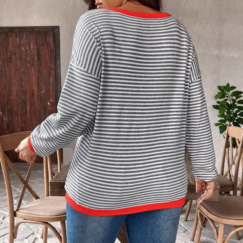 european and american cross-border autumn women's striped t-shirt plus size top casual sweater