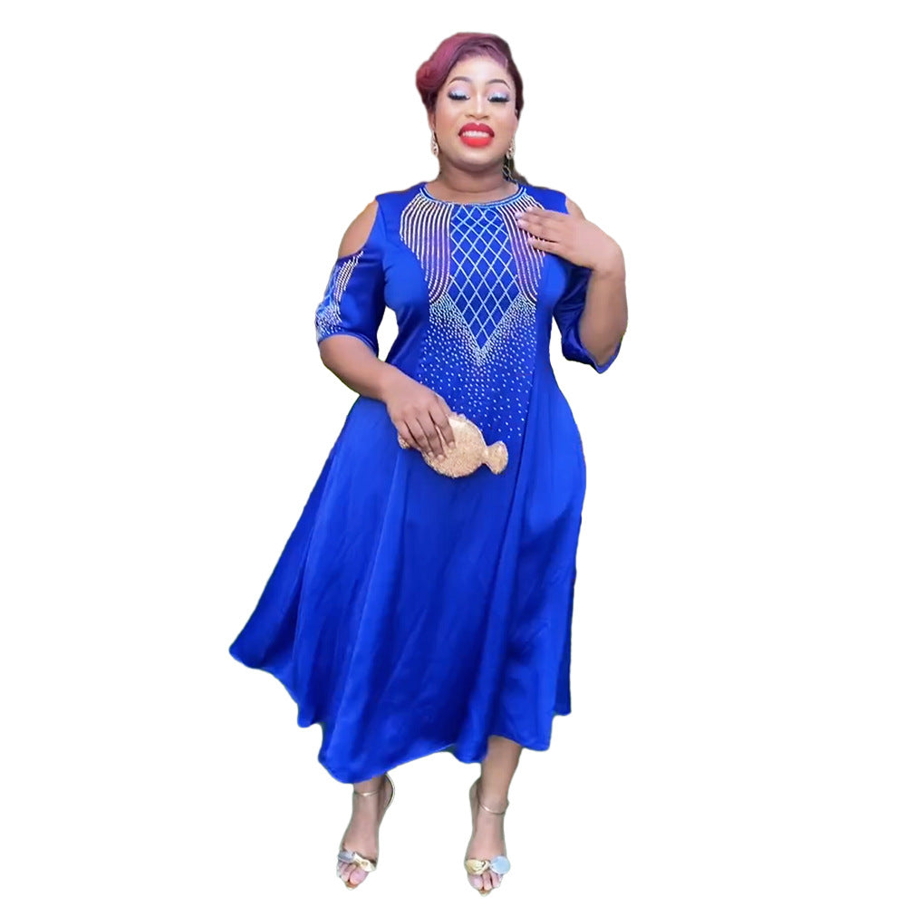 African women's plus size cross-border e-commerce spring/summer new arrivals  independent website off-shoulder five-sleeve rhinestone dress