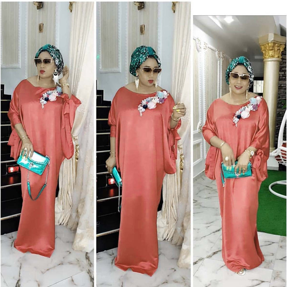 Clearance artificial silk satin solid color batwing sleeve dress with bow cuffs and 3d floral appliqué detail - maxi length