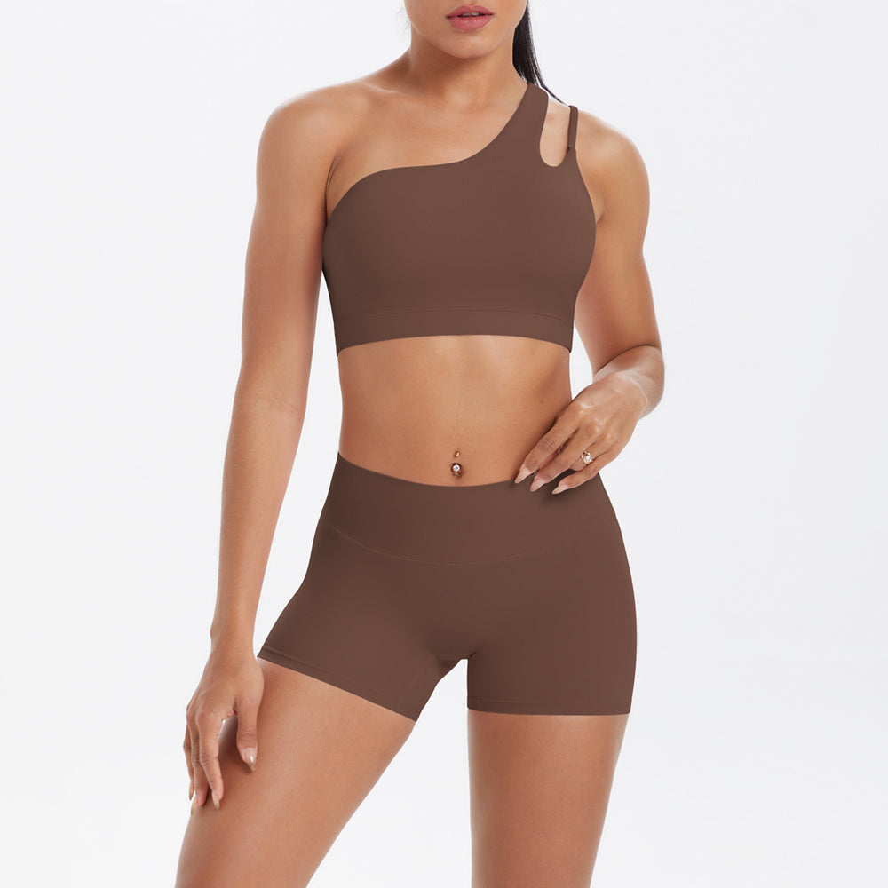 New arrival cross-border fashion double-sided nylon brushed single-shoulder yoga suit sports running fitness two-piece set for women