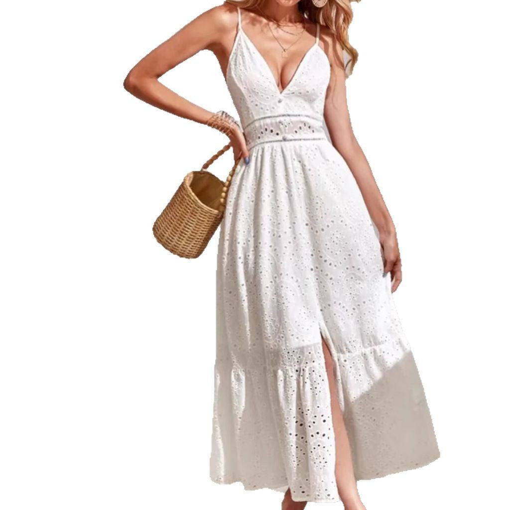 Russian  women's new summer sleeveless suspender dress hollow embroidery sleeveless jacquard suspender dress