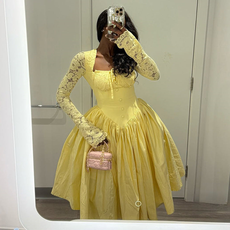 European and american cross-border women's fashion:  summer new arrival - elegant square neck tie-strap long sleeve yellow midi dress