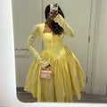 European and american cross-border women's fashion:  summer new arrival - elegant square neck tie-strap long sleeve yellow midi dress