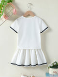girls' two-piece look dress - bear print white short sleeve with pleated skirt - summer casual kids' dress