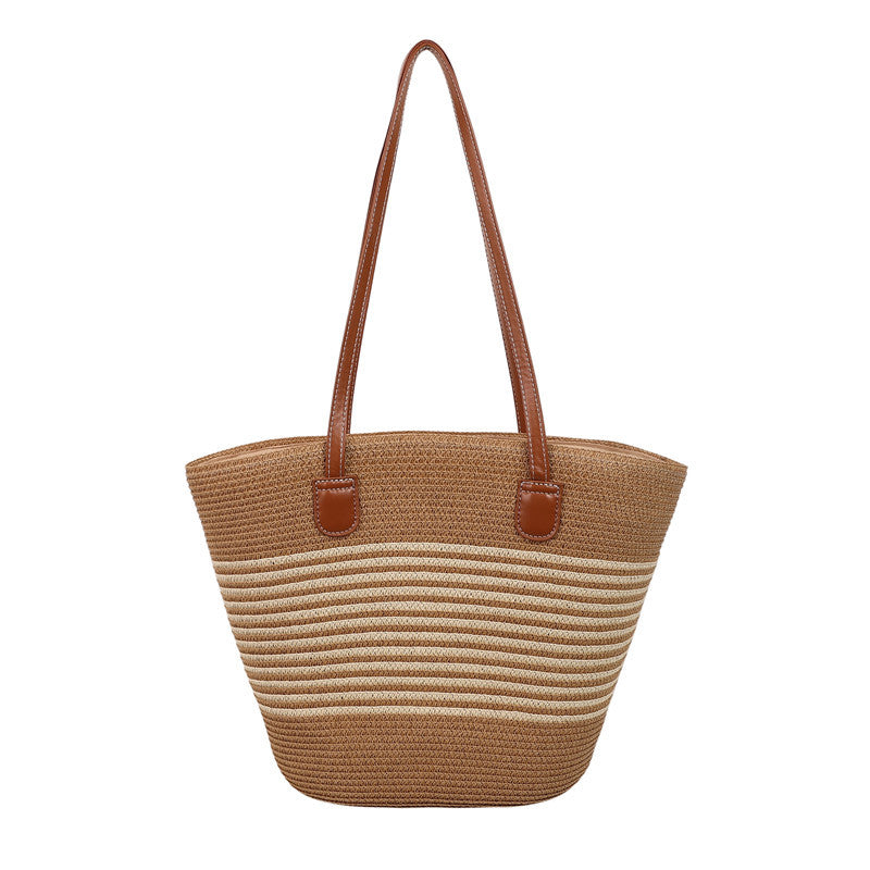 Large capacity straw woven bag women's new patchwork striped handbag fashionable knitted bag high-end tote beach bag