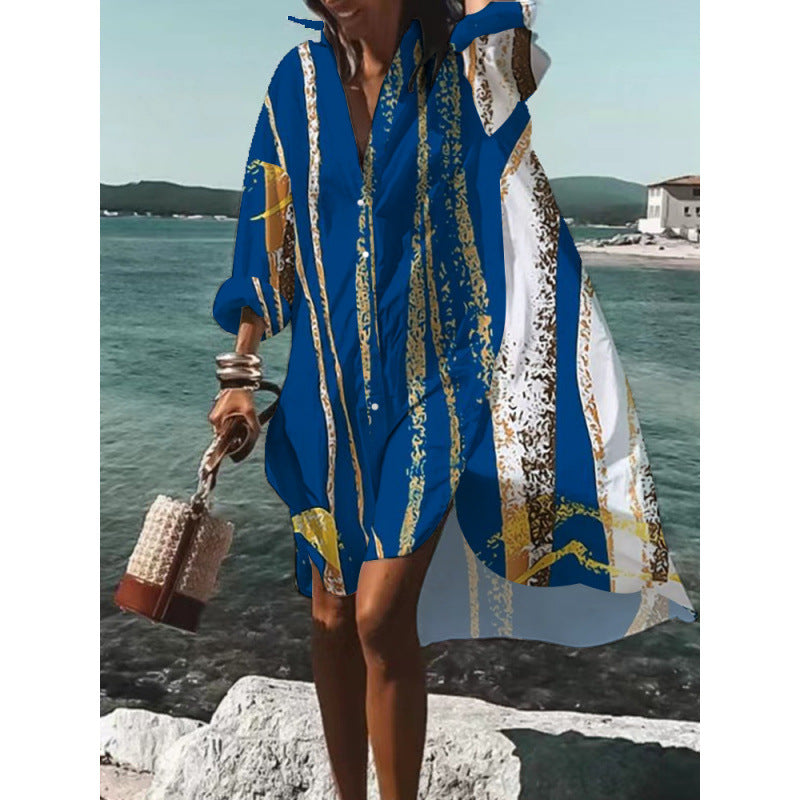 exportfashionplus size women's loosenew arrivaldigital printinglong sleeves lapel shirtdress