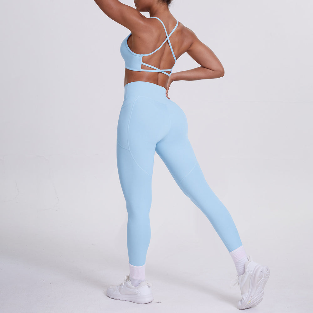 double-sided nylon beautiful back tight cross beautiful back flap pocket pants sports yoga suit running fitness two-piece set