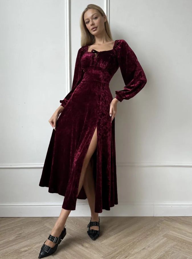 Velvet dress women's spring and autumn clothing  new french retro waist slimmingelegant hepburn style little black dress