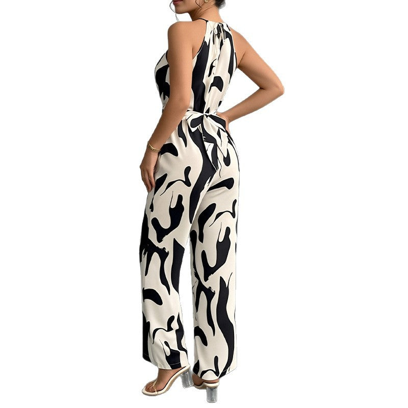 cross-border european and american women's clothing: new summer fashionable and elegant sleeveless printed wide-leg jumpsuit for work and casual wear