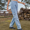 American retro european and american cross-border  new washed semi-elastic design stylish denim workwear casual pants for women