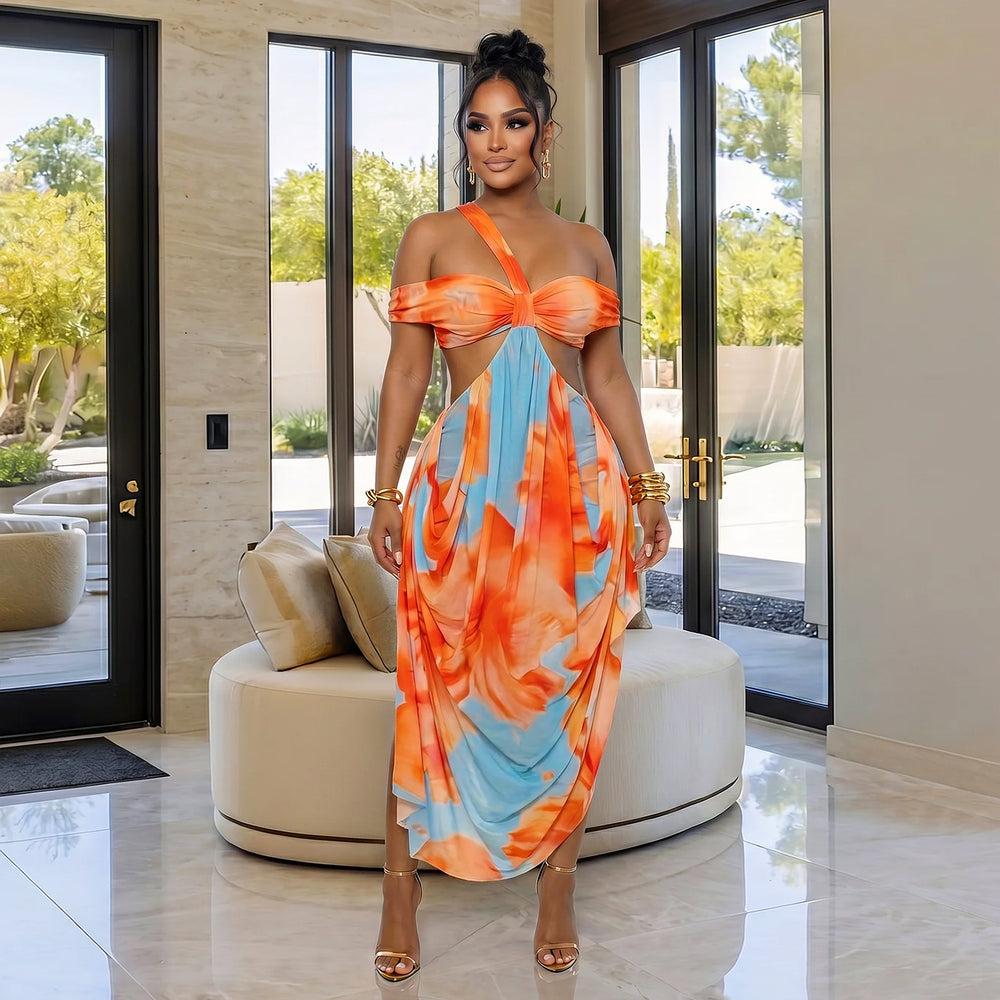 C7731 cross-border    new women's mid-summer sexy chic beach print dress
