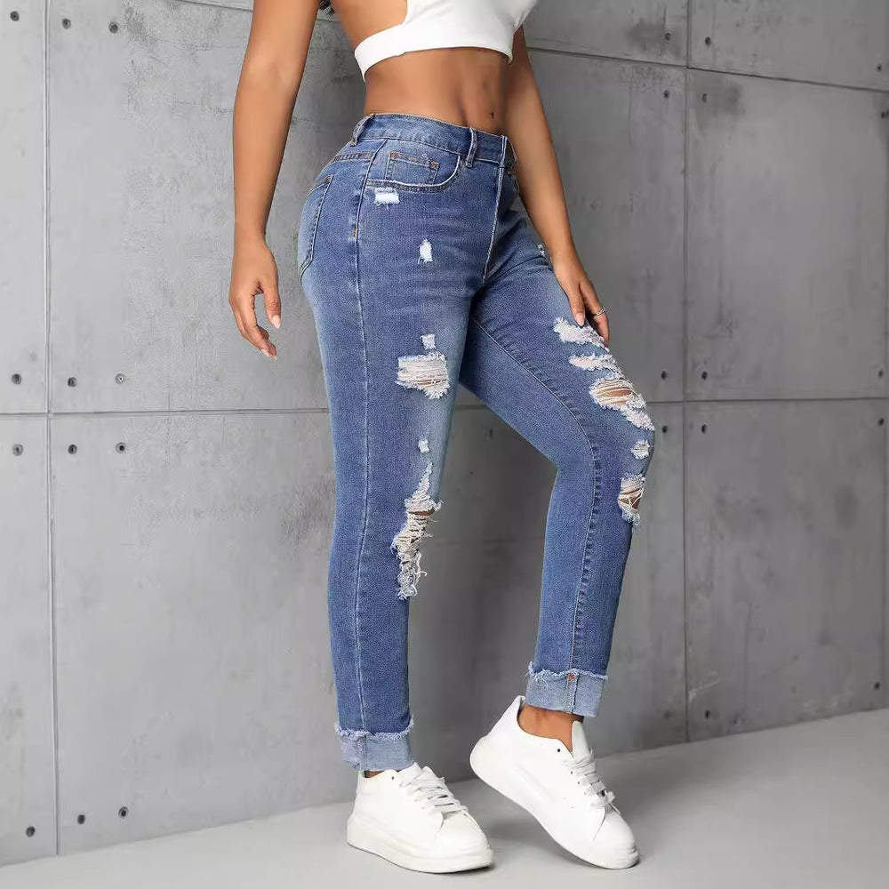 Pre-sale-15501# cross-border women's fashion european and american ins trendyslimming look ripped straight-leg skinny jeanspants