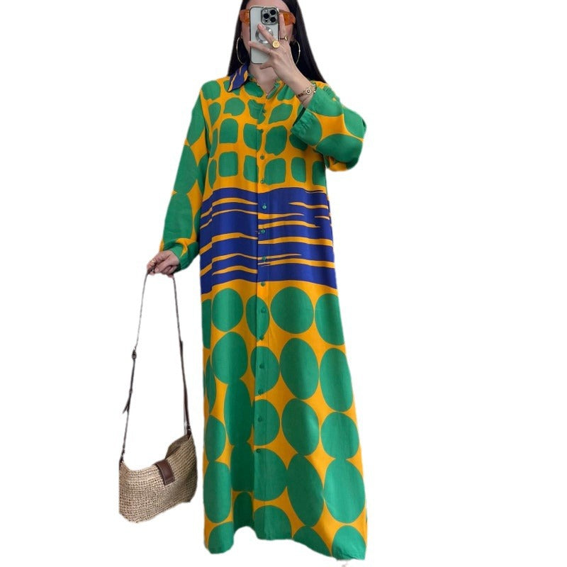 European and American  spot 2024 new loose fashion casual positioning printed cardigan dress large size women's long dress