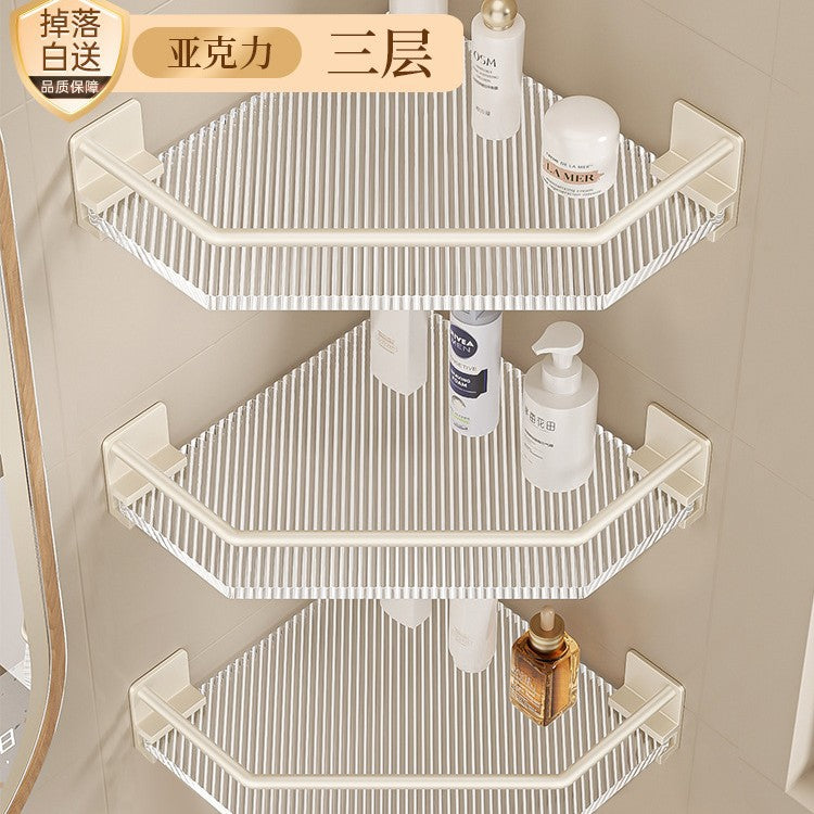 Bathroom shelf, toilet corner organizer, no-drill washroom storage, acrylic off-white tripod shelf