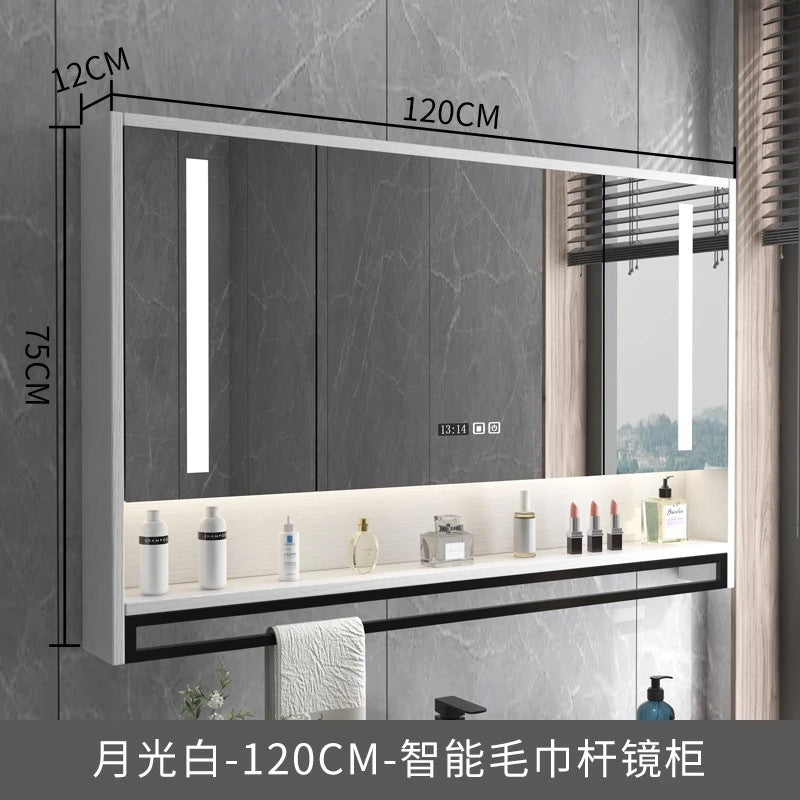 Smart bathroom mirror cabinet wall-mounted with lamp defogging separate solid wood mirror cabinet with towel bar bathroom storage mirror case