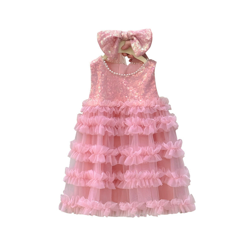 Girls' dress  summer new style chic little girl sequin vest dress pearl collar cake skirt trendy