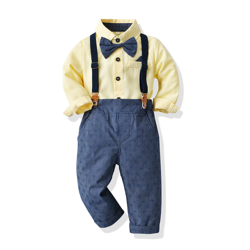 Children's spring outfit: boy's cotton korean style shirt, overalls, and bow tie set - wholesale available, perfect for first birthday celebrations